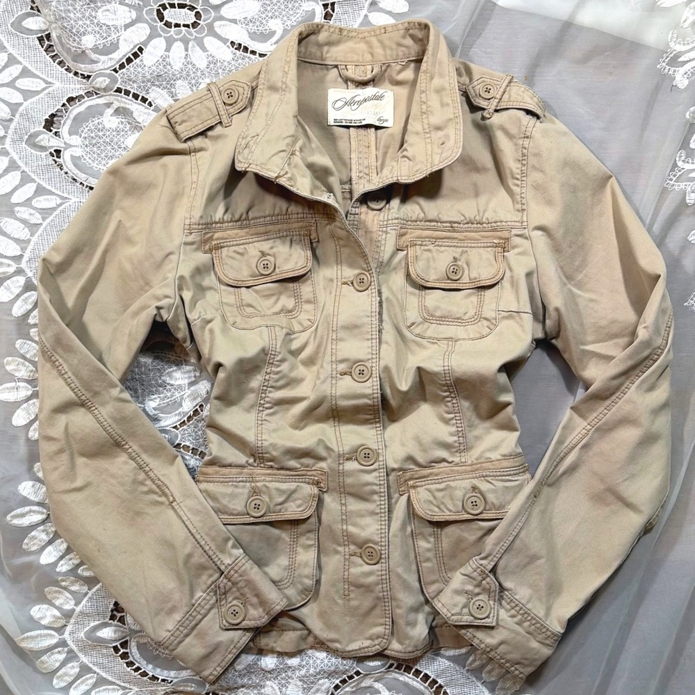 Y2K Fall Aeropostale Khaki Tan Cotton Utility Military Jacket Button Front L